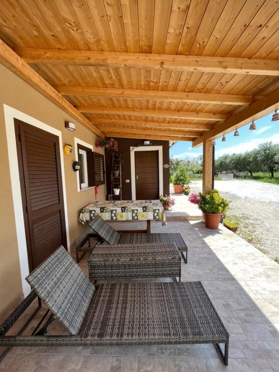 Torrevecchia Teatina的住宿－Il casale del Nonno Armando，庭院设有2张长椅和木制天花板