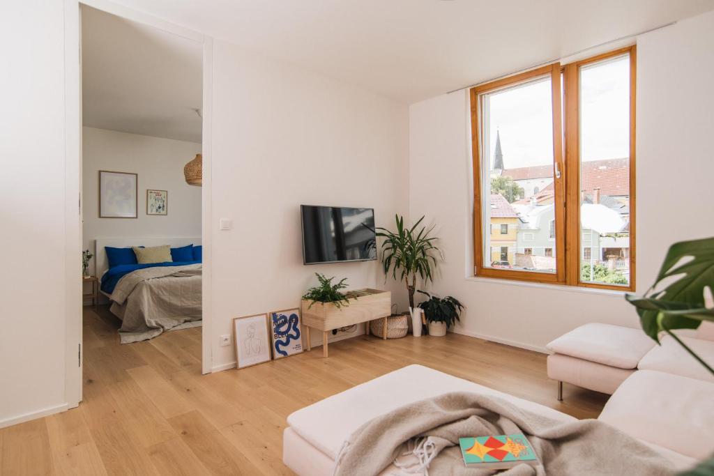 salon z kanapą i łóżkiem w obiekcie Apartments Marinka Litomyšl w mieście Litomyšl