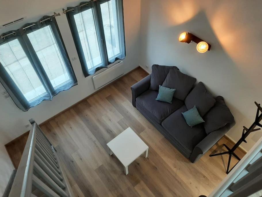 einen Blick über ein Wohnzimmer mit Sofa in der Unterkunft Appart Cocooning in Périgny