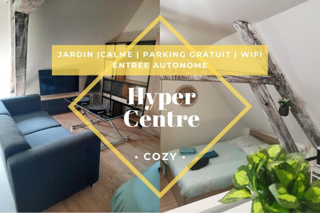 un salon avec un canapé bleu et une télévision dans l'établissement La Marmotte de la Cathédrale - Calme - Jardin, à Troyes