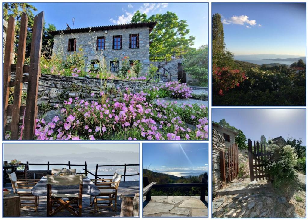 un collage di foto di una casa e di fiori di The Ambassador Residence - Traditional stone house a Katochori