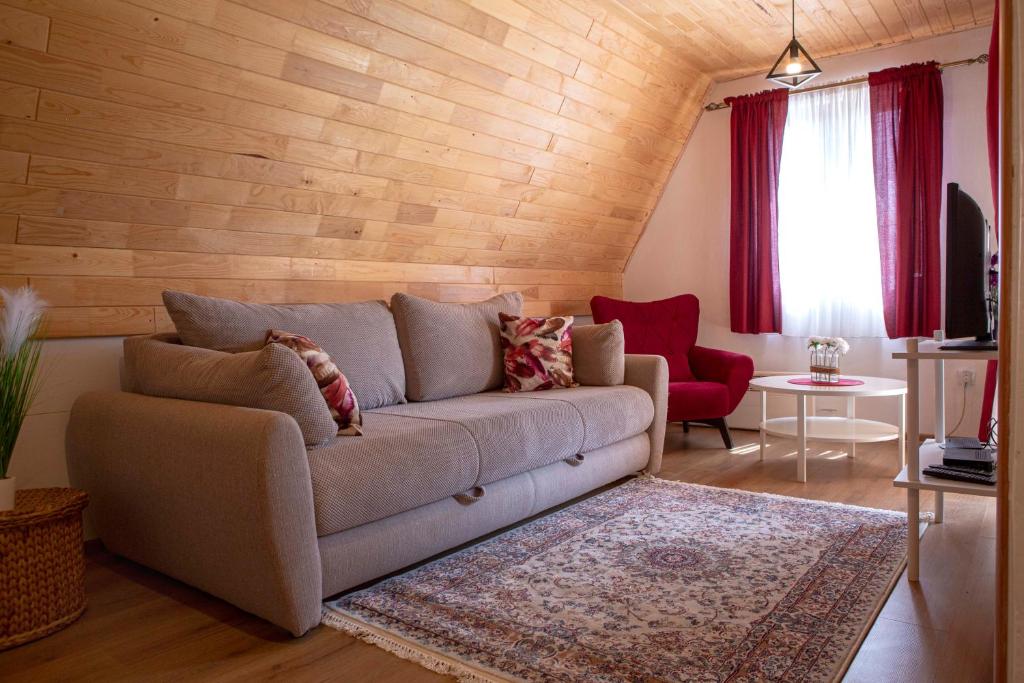 uma sala de estar com um sofá e uma cadeira vermelha em Casa Del Durmitor em Žabljak