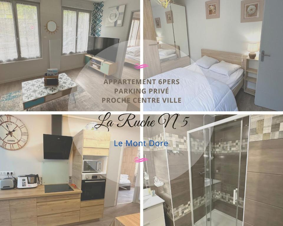 un collage de photos d'une chambre d'hôtel avec une chambre dans l'établissement La Ruche 5 ° Le Mont Dore ° Ski ° Randonnée, à Le Mont-Dore