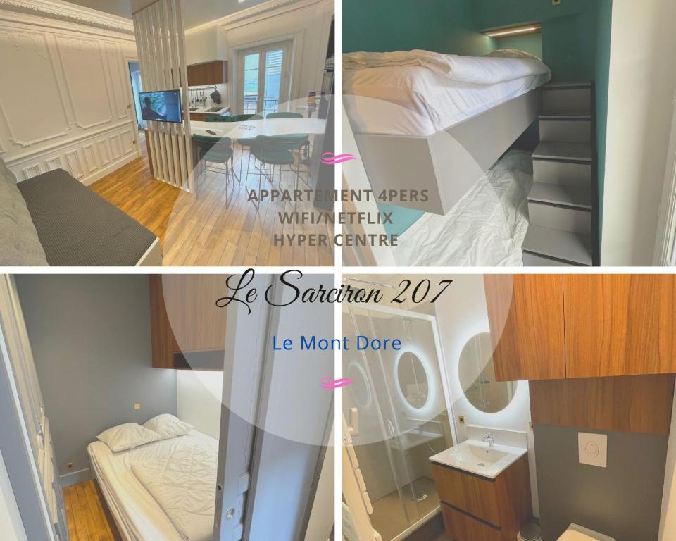 un collage de deux photos d'un petit appartement dans l'établissement Appartement en hypercentre Mont Dore, à Le Mont-Dore