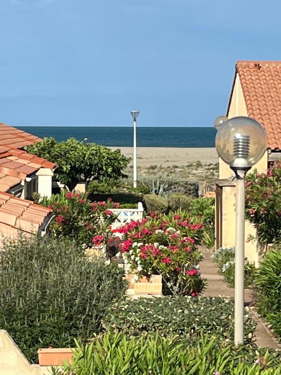 un jardin avec des fleurs et un lampadaire et la plage dans l'établissement Le petit Baigneur de la grand bleue, à Port-Leucate