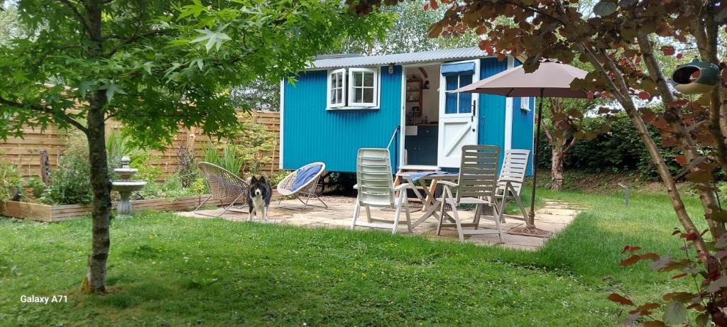 a blue tiny house with a table and chairs at The Holcombe Hut, Ridgefield House in Longdown
