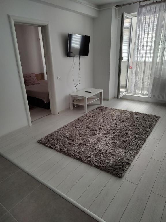 uma sala de estar com um tapete e uma televisão na parede em Casa mea em Bucareste