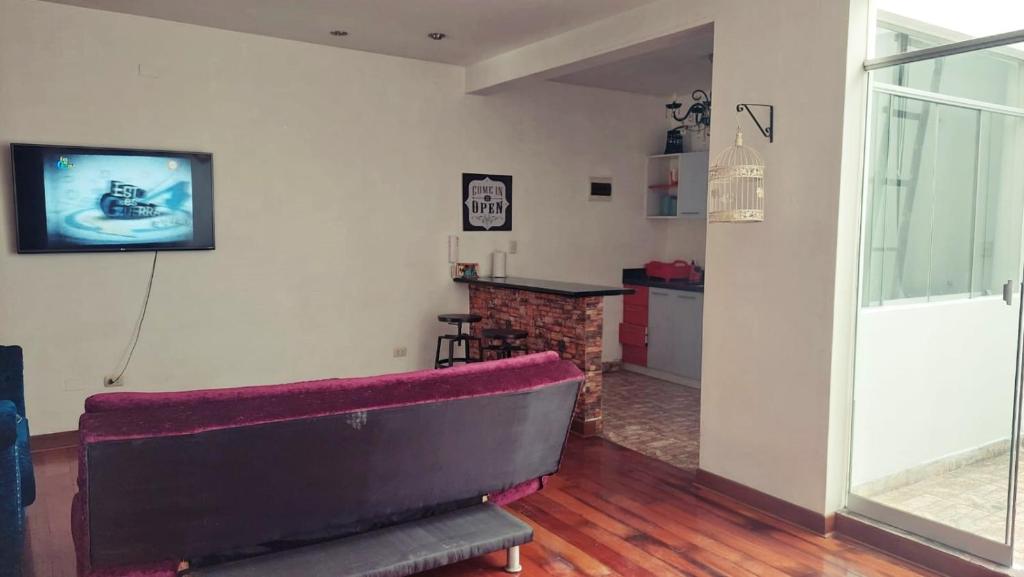 La Molina的住宿－Depa Excelente Vintage，带沙发和壁炉的客厅