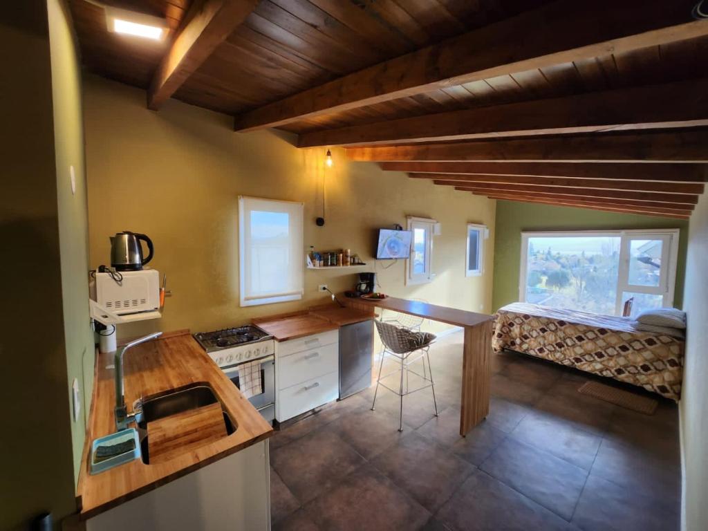 a kitchen with a counter and a bed in a room at Maiten Apartamentos in San Carlos de Bariloche