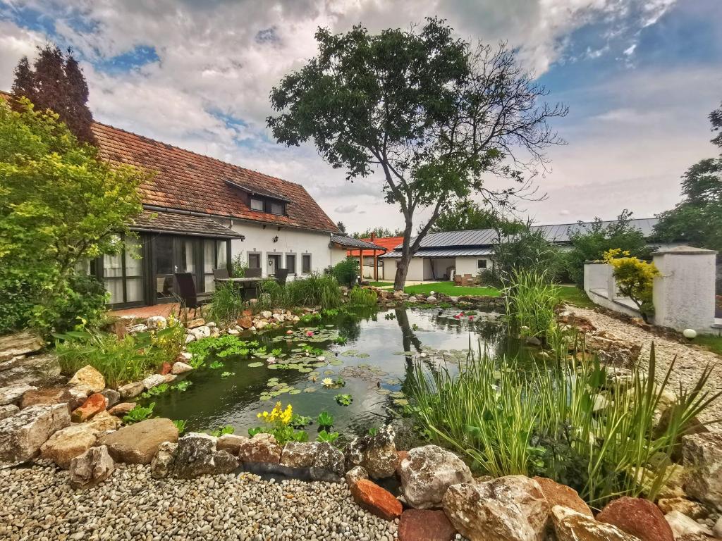 a garden with a pond in front of a house at Vidéki Ház in Tagyon