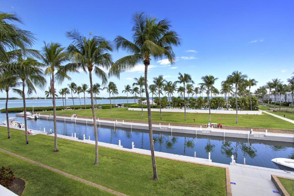 un parque con palmeras y un cuerpo de agua en Waterfront luxury Villa 19 with sunset views and boat slip townhouse, en Marathon
