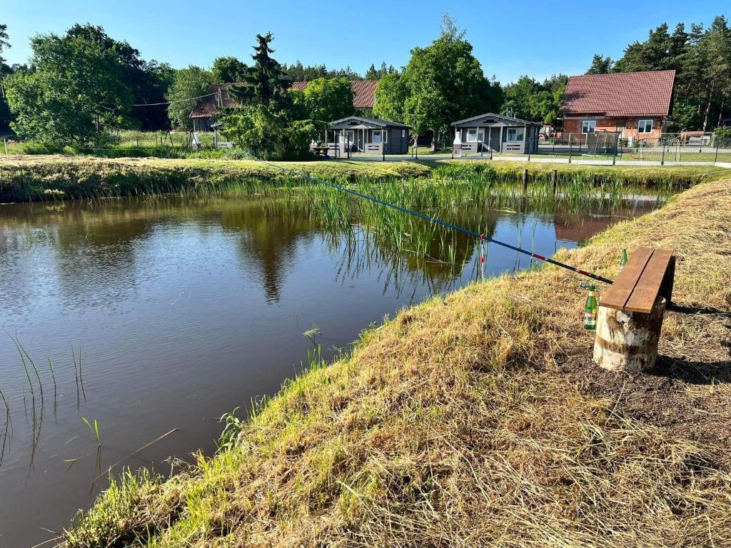 un banco junto a un río con una caña de pescar en Sosnowy Zakątek Stegna- domki letniskowe, en Stegna