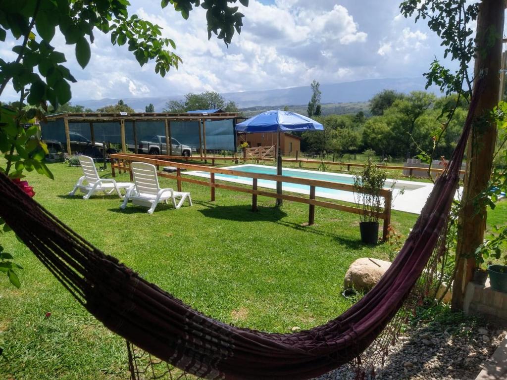 - un hamac dans une cour avec une piscine dans l'établissement Abrazados Suites del Valle, à Villa Yacanto