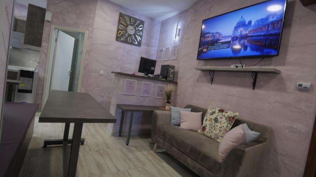 uma sala de estar com um sofá e uma televisão na parede em Stella Di Notte VIP em Belgrado
