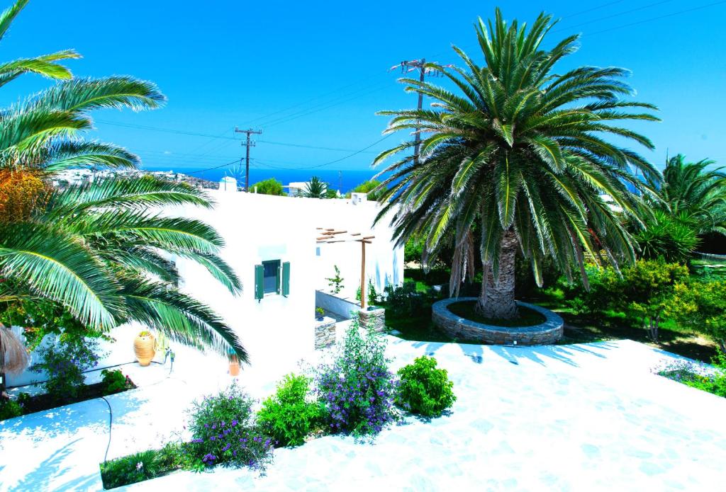 a courtyard with palm trees and a white building at ANCIENT MEROPIA - Eden in Apollonia