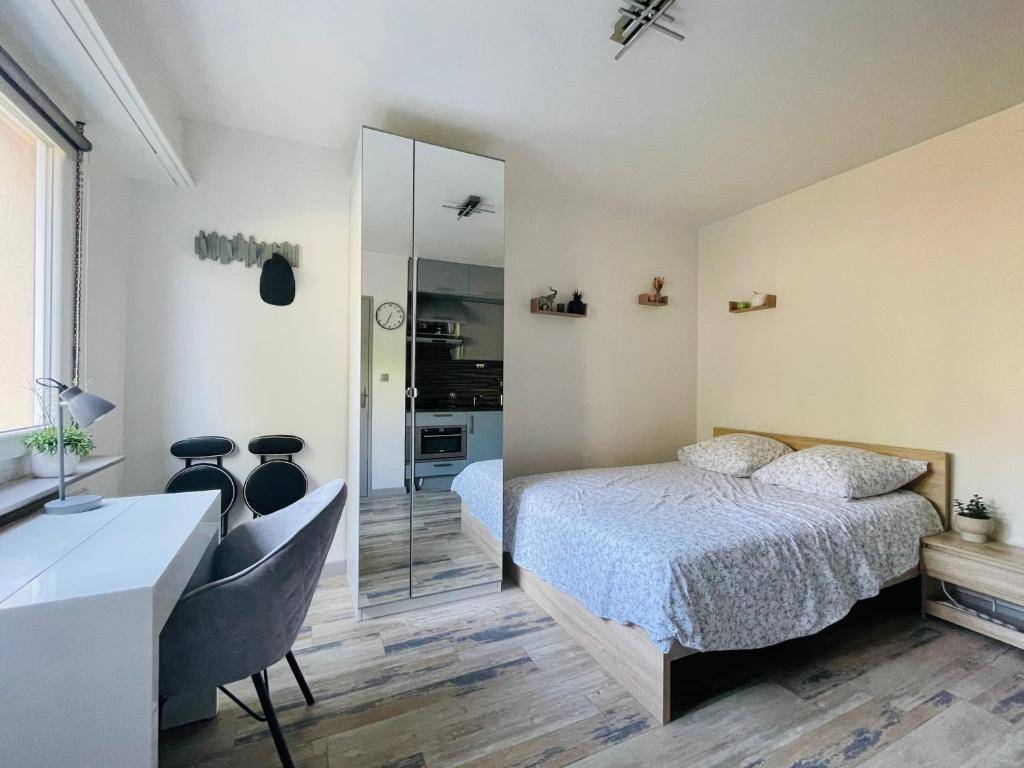 a bedroom with a bed and a desk and a mirror at DnN - Stylish Studio, 2 peoples- WiFi, Netflix, parking - min away to Basel and Airport - dishwasher, washing machine in Saint-Louis