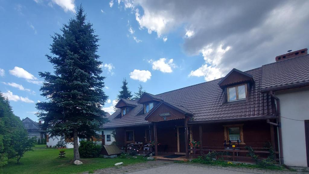 a house with a pine tree in the yard at Pokoje Gościnne u Huberta in Soblówka