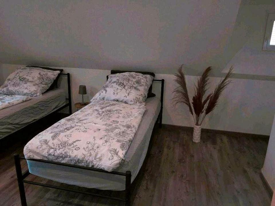 een slaapkamer met 2 bedden en een plant in een vaas bij Monteurhaus in Sallgast