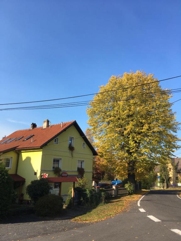 una casa amarilla y un árbol al lado de una carretera en Pension U Rytíře en Janov