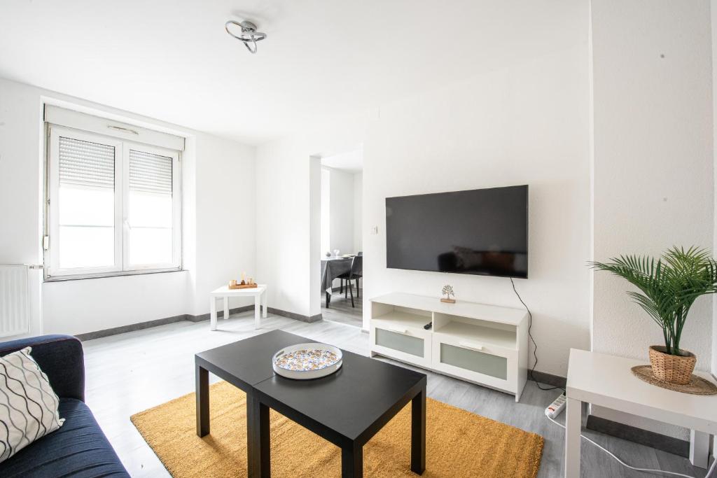 un salon avec un canapé et une table dans l'établissement Oasis Mulhousien - RDC, wifi, parking, à Mulhouse