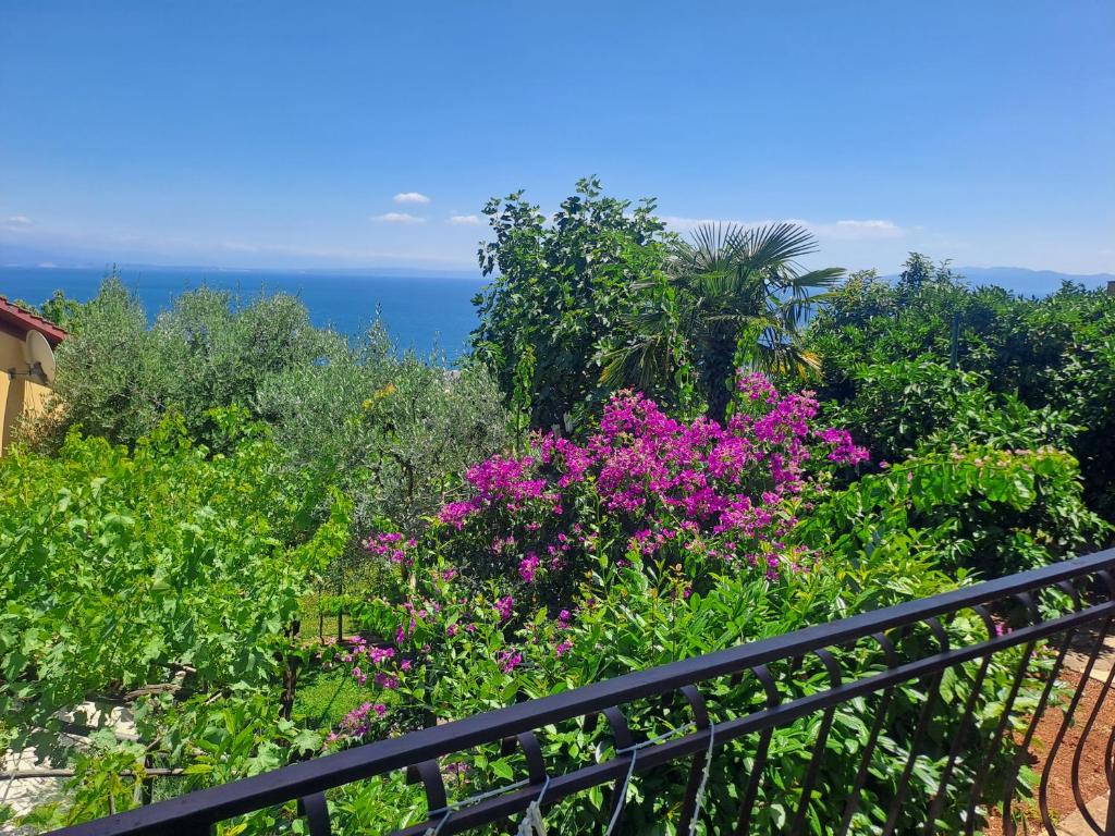 a balcony with pink flowers and the ocean in the background at Apartment Camelia in Opatija