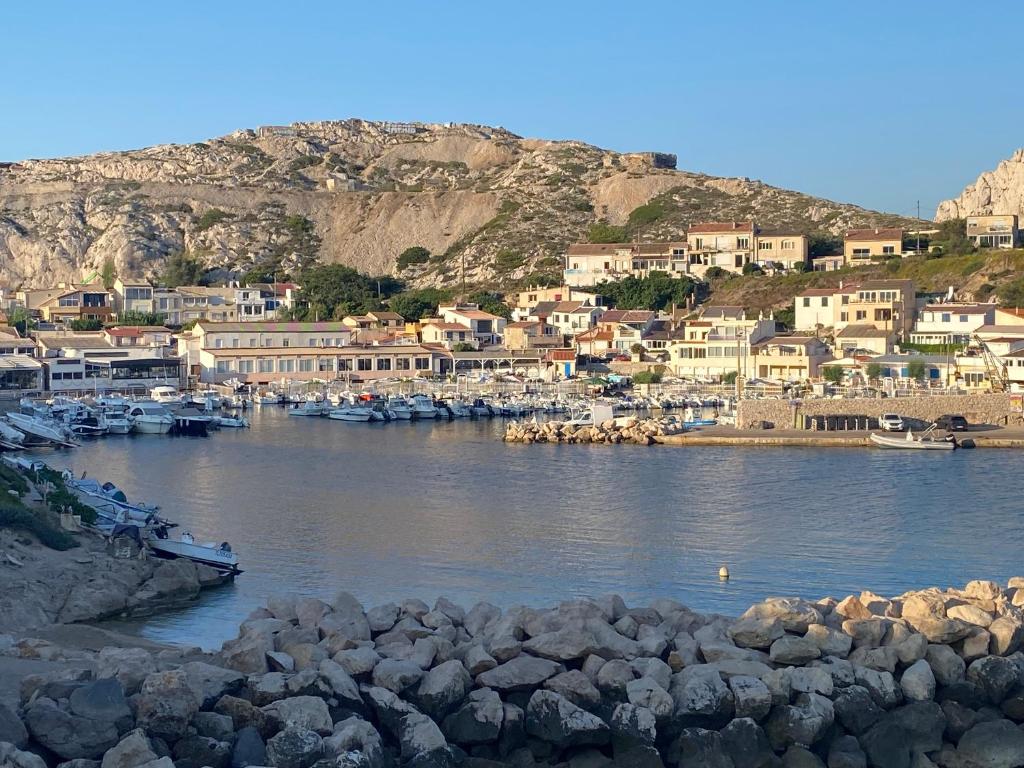 a group of boats are docked in a harbor at La Flibuste des Goudes, maison avec jardins aménagés vue et proche mer au coeur du Parc National du Massif des Calanques in Marseille
