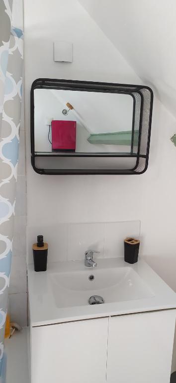 a mirror on top of a white bathroom sink at Appartement pour 2 personnes in Annequin