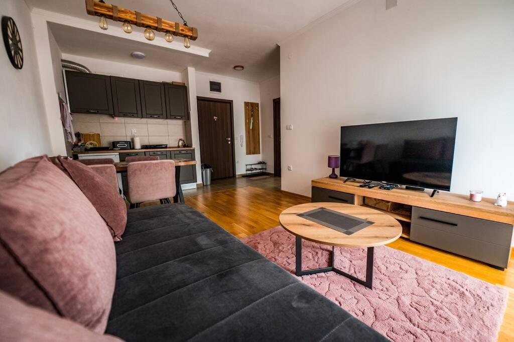 a living room with a couch and a table at Helena apartman in Ocka Gora