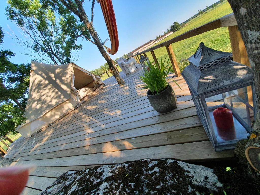 une terrasse en bois avec une chaise et une plante dans l'établissement Ohukotsu Glamping, 