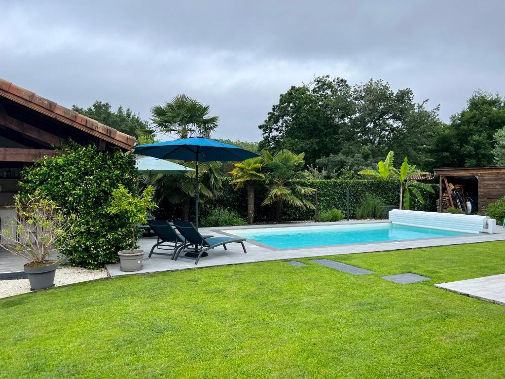 a swimming pool with a blue umbrella and a lawn at O'PINTXO in Onesse-et-Laharie