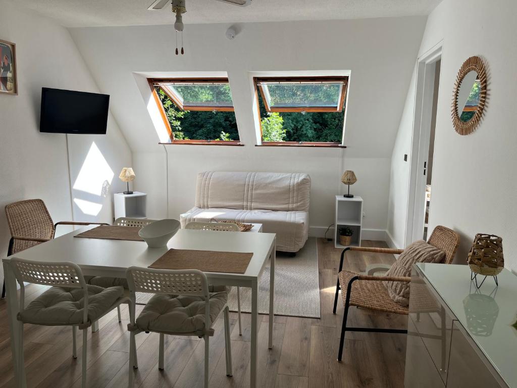 un salon avec une table, des chaises et un canapé dans l'établissement STUDIO CABINE COSY À LUCHON, à Luchon