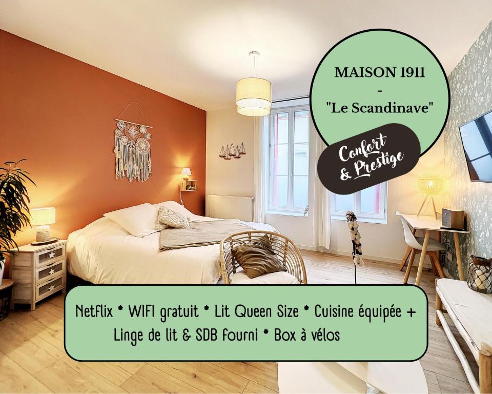 um quarto com paredes cor de laranja e uma cama num quarto em Appart LE SCANDINAVE - Maison 1911 - confort & prestige em Gien
