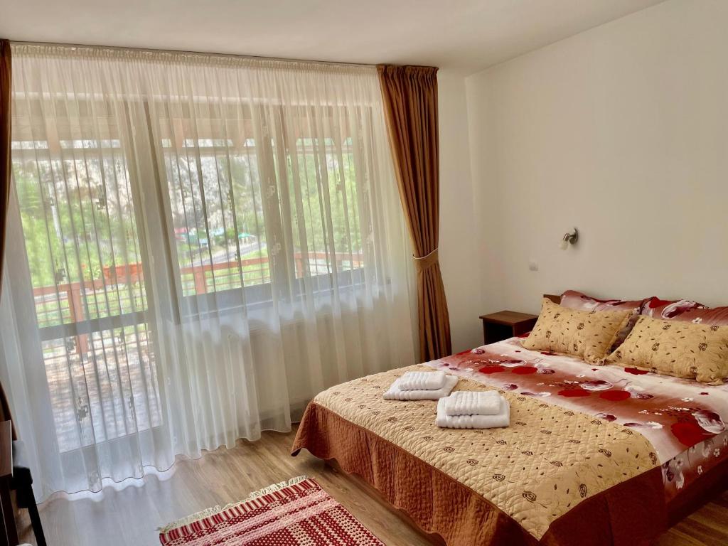 a bedroom with a bed and a large window at Pensiunea Cheile Șugăului in Bicaz Chei