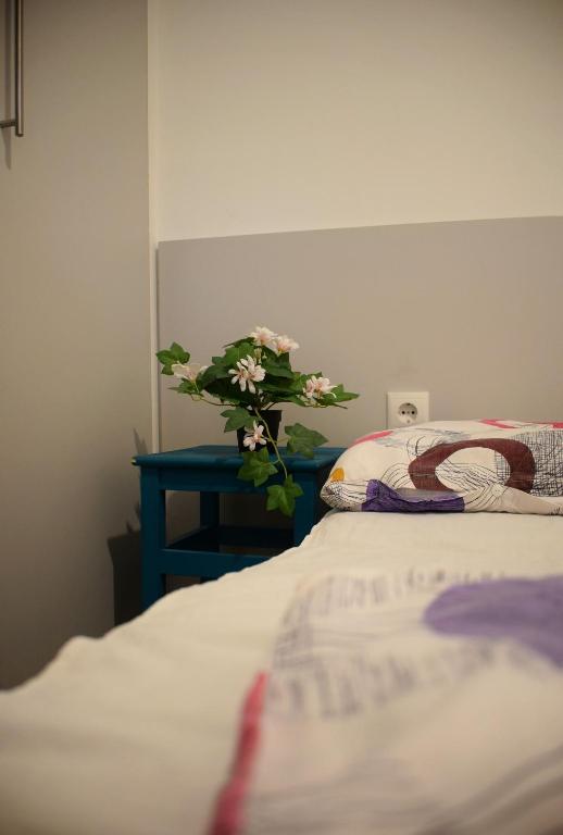 wazon kwiatów siedzący na stole obok łóżka w obiekcie Helikon 31 Apartman Keszthely w mieście Keszthely