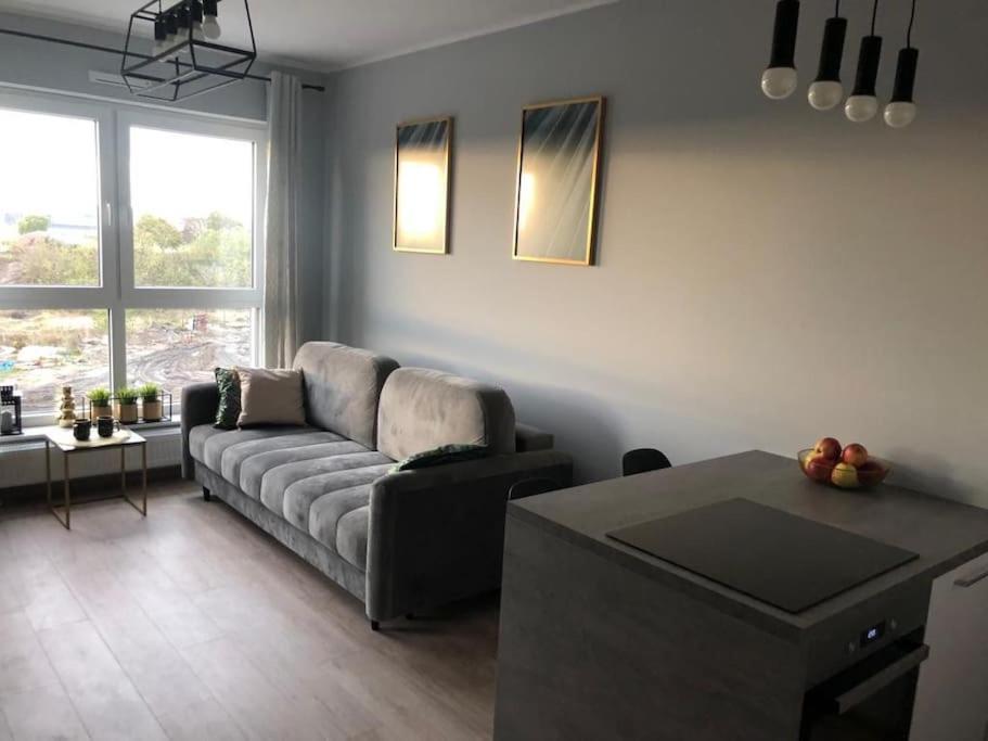 een woonkamer met een bank en een tafel bij Comfort18 in Bydgoszcz