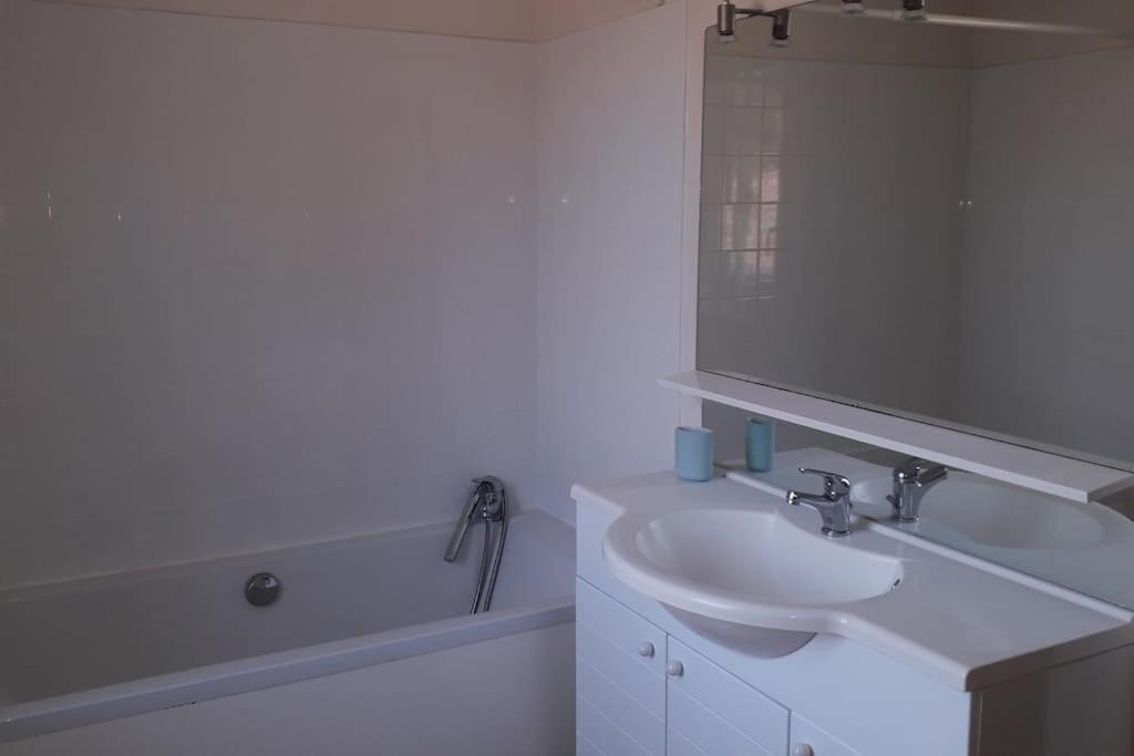 ein weißes Badezimmer mit einem Waschbecken und einem Spiegel in der Unterkunft gite au village in Mourvilles-Hautes