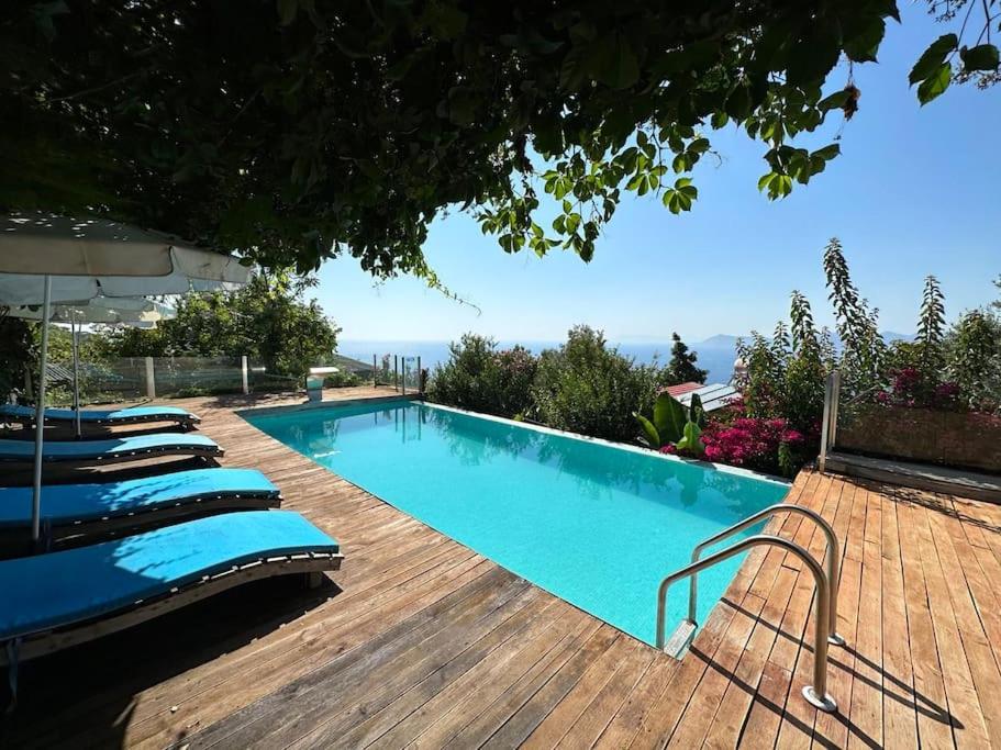 a large swimming pool with lounge chairs next to it at Faralya Villa in Fethiye