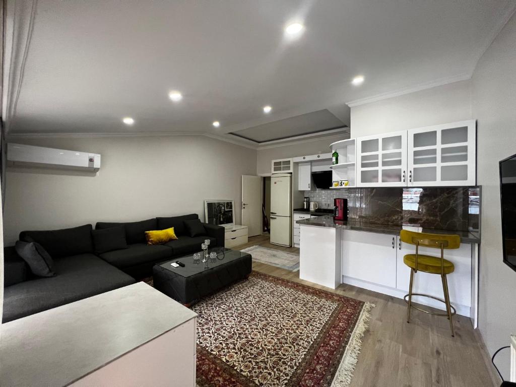 Il comprend un salon avec un canapé et une cuisine. dans l'établissement Amazing 1 bedroom penthouse apartment with large terrace in Sisli, à Istanbul