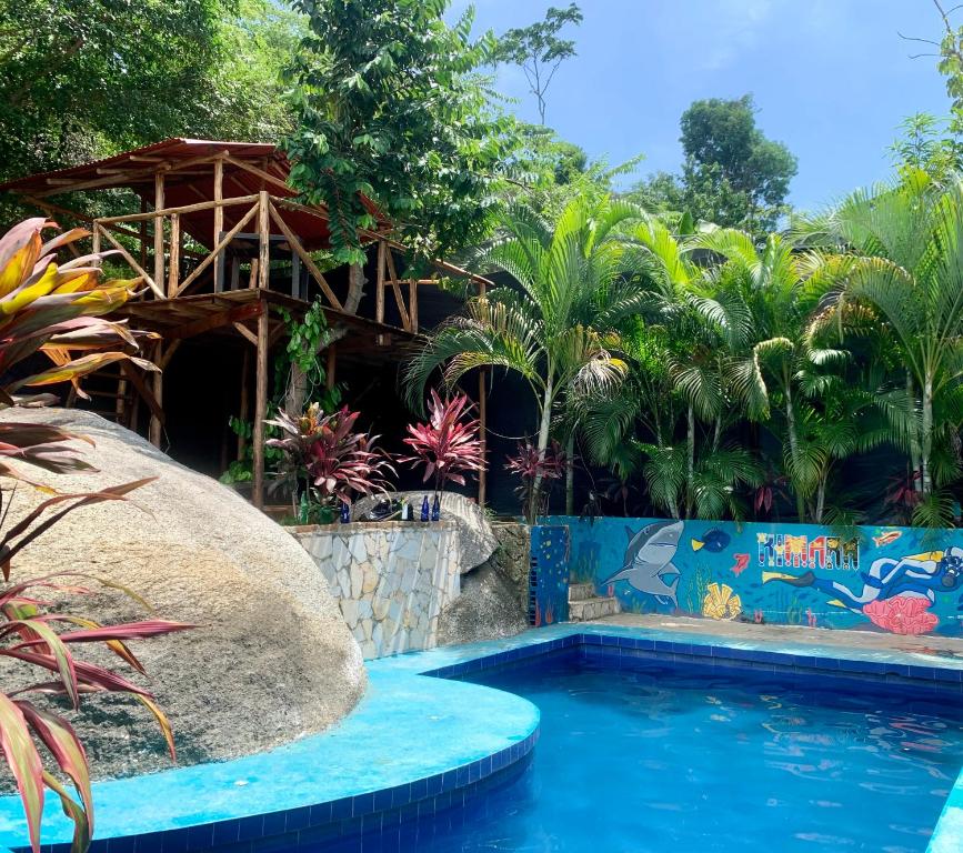 a swimming pool in a garden with a house at Kimara Tayrona Hostel in El Zaino