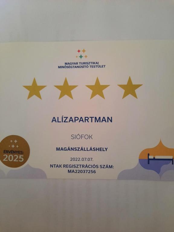 Certifikát, ocenenie alebo iný dokument vystavený v ubytovaní AlízApartman
