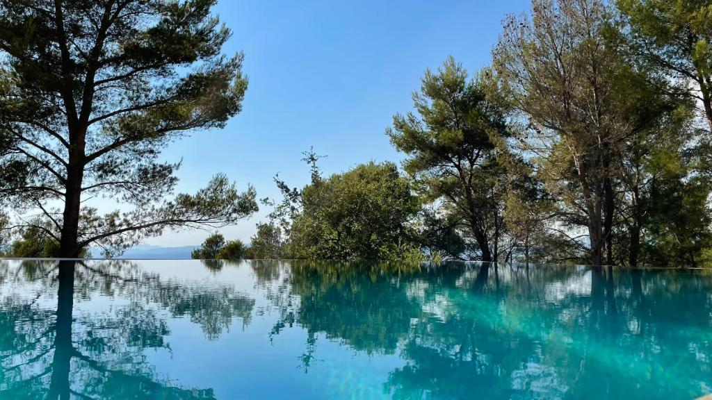 a pool of blue water with trees in the background at Villa Bel Air in Saint-Côme