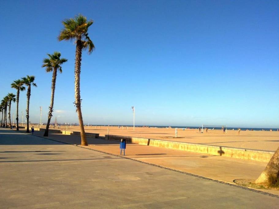 uma pessoa ao lado de uma praia com palmeiras em Apartamento frente al mar en Playa Patacona em Valência