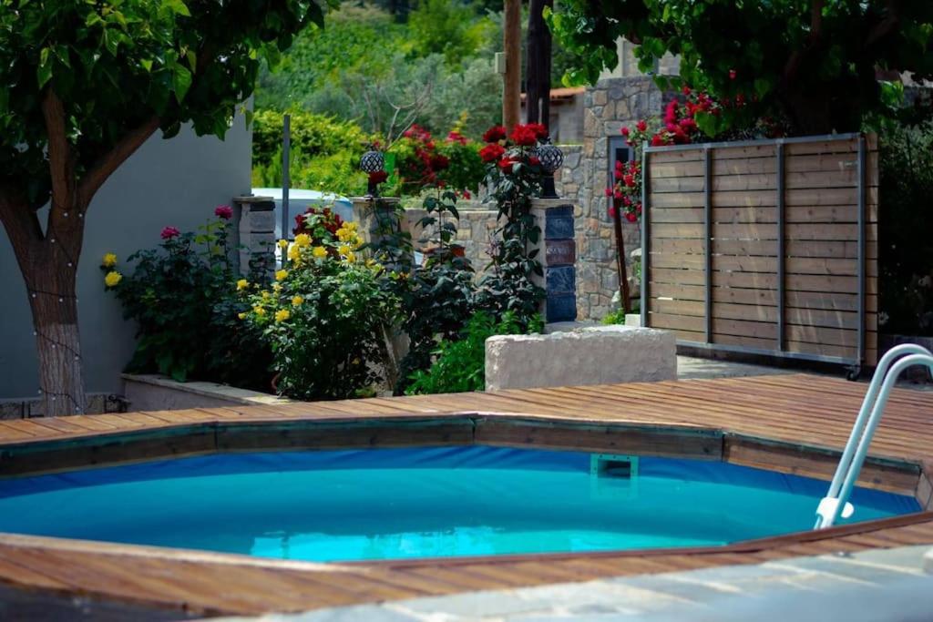 a small swimming pool with a wooden deck and flowers at Μουριές in Kamariótis