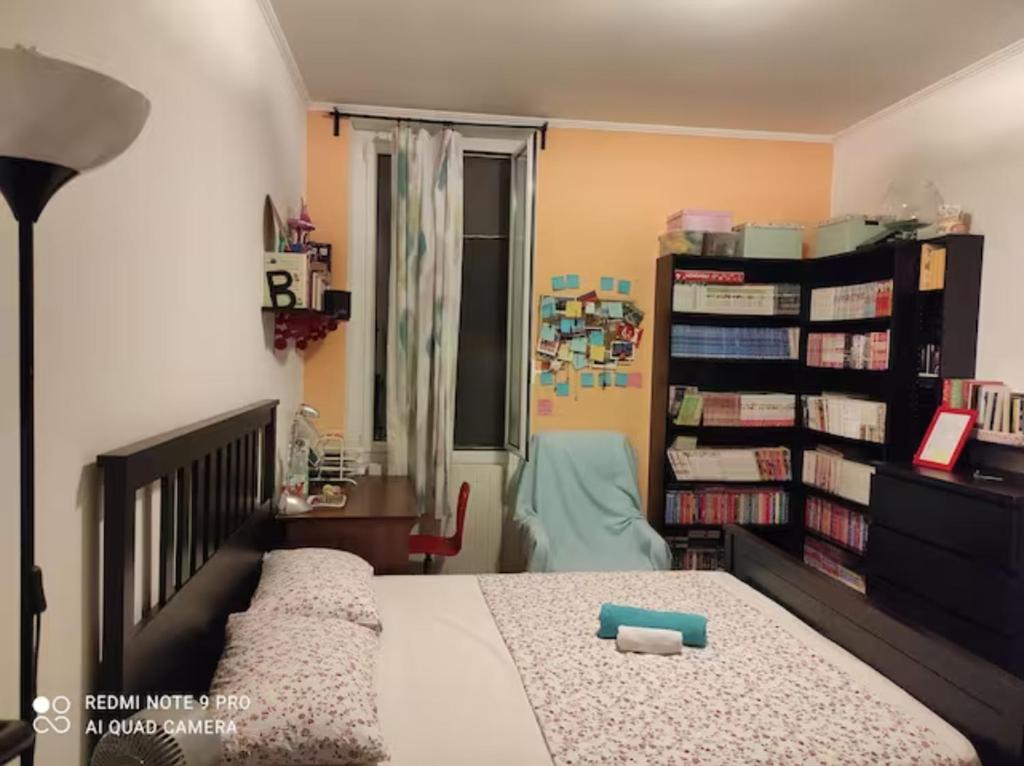 1 dormitorio con cama y estante para libros en B&B SUNNY HOUSE Ventimiglia, en Ventimiglia