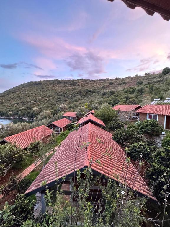 a group of houses with red roofs on a hill at The Mussel House in Ksamil
