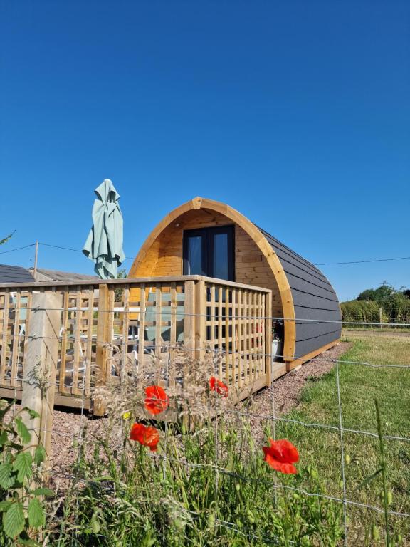a dome house with red flowers in the foreground at Jerusalem Farm Pods in Tranent