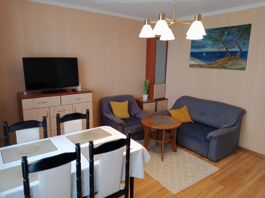 ein Wohnzimmer mit einem blauen Sofa und einem TV in der Unterkunft Apartament na Ogrodach in Kołobrzeg