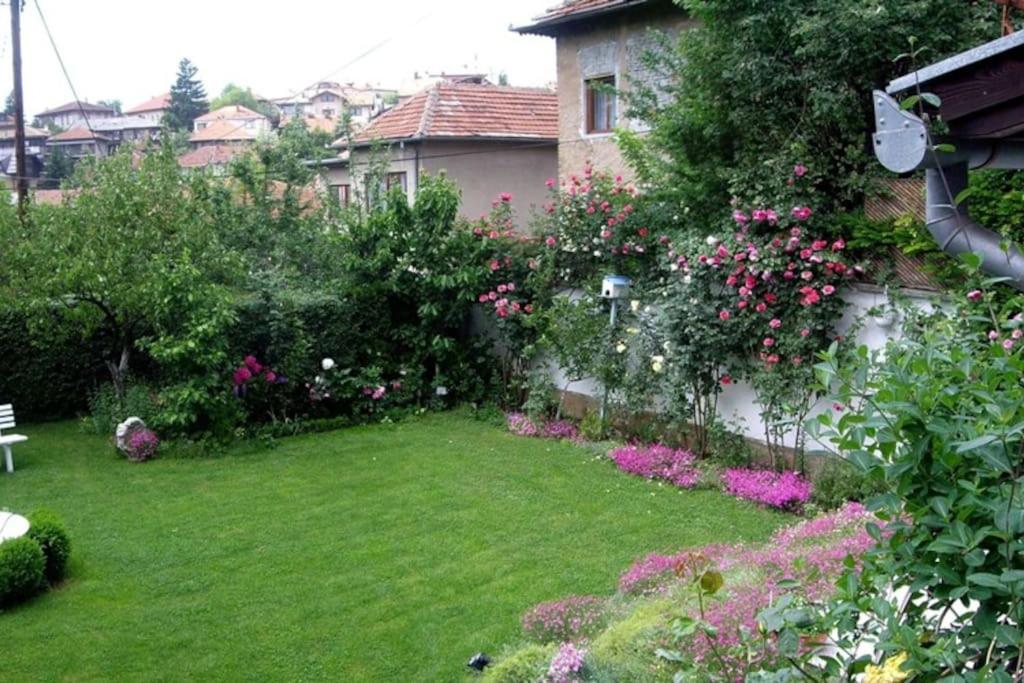 a garden with pink flowers and a house at Downtown House with garden in Sarajevo