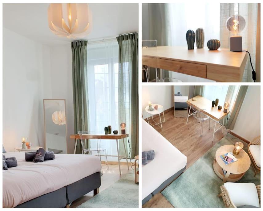 three pictures of a room with two beds and a living room at La Suite N°05 par Madame Conciergerie in Rennes