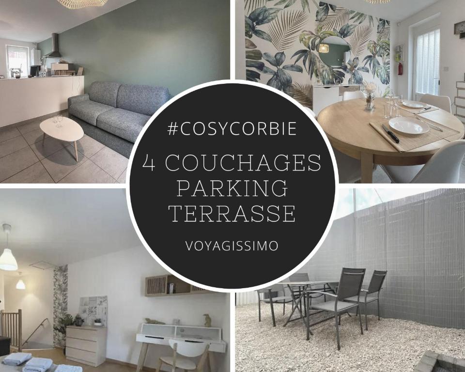 un collage de photos d'un salon et d'une salle à manger dans l'établissement #CosyCorbie Maison à Corbie à 11 minute du centre Amiens, à Corbie